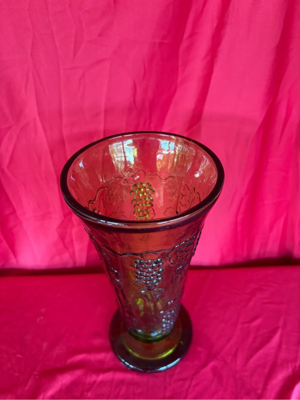 Green Indian Glass Pedestal Vase with Grape Motif